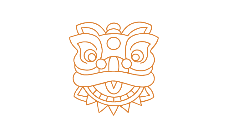 Chinesischer Löwentanzkopf als orangefarbene Linienzeichnung in einem weißen Kreis.