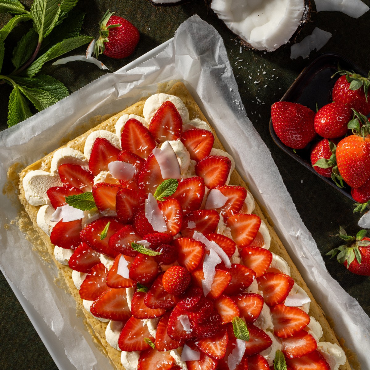 Das Bild zeigt einen rechteckigen Blechkuchen garniert mit Kokosnusscreme und Erdbeeren.