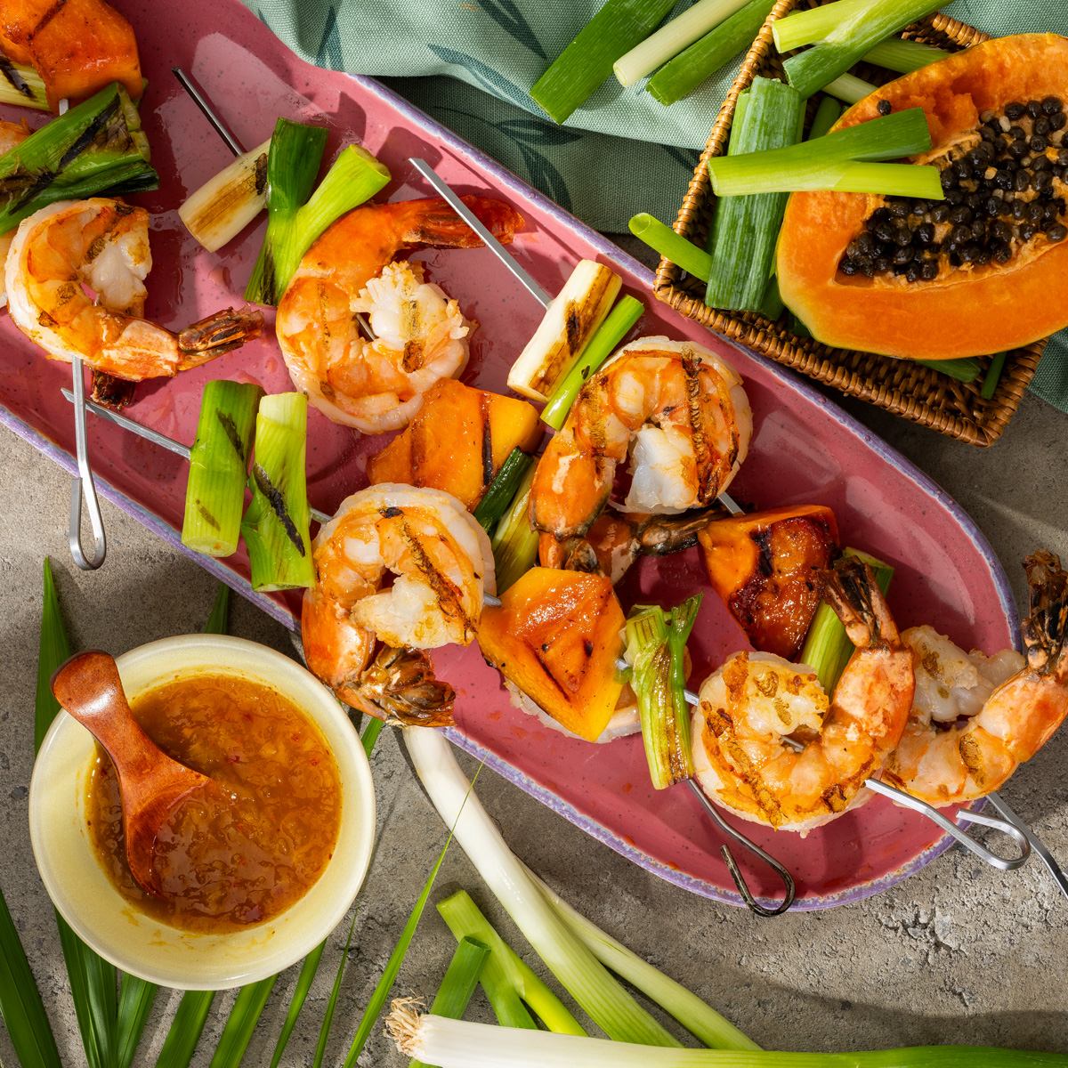 Garnelen Papaya spieße mit Papaya Chili Chutney
