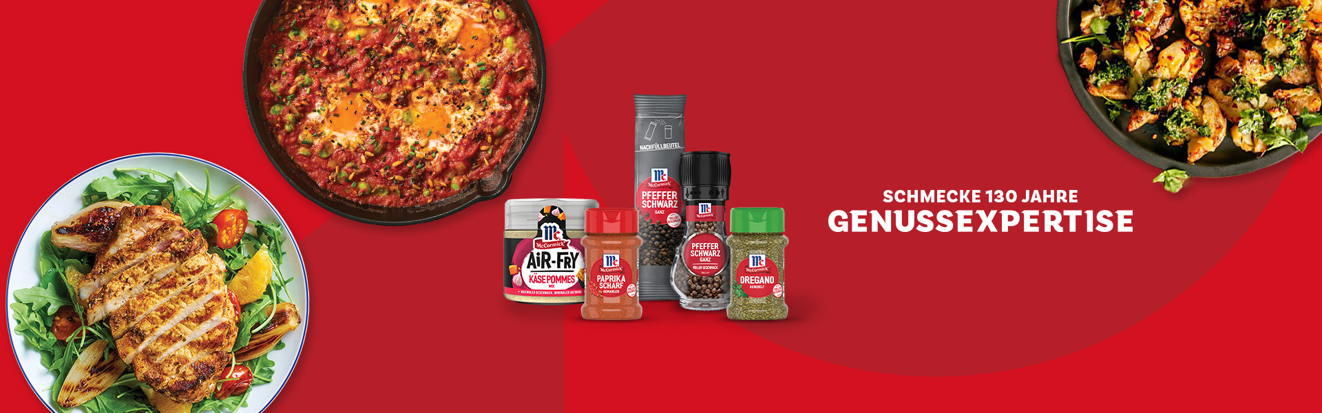 McCormick Banner mit Gericht, Produkte und Text "Schmecke 130 Jahre Genussexpertise".