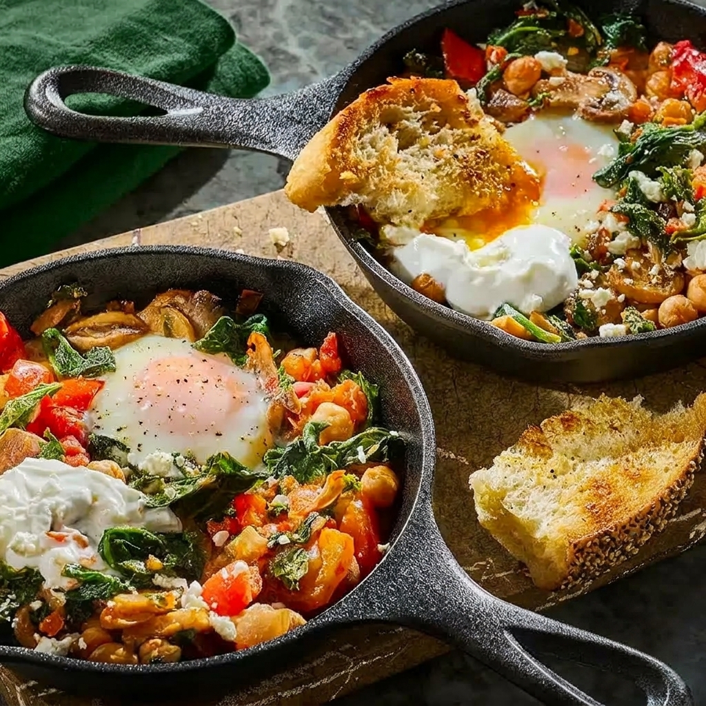 Zwei kleine Pfannen gefüllt mit Shakshuka sind auf einem Holzbrett. Etwas Brot liegt daneben.