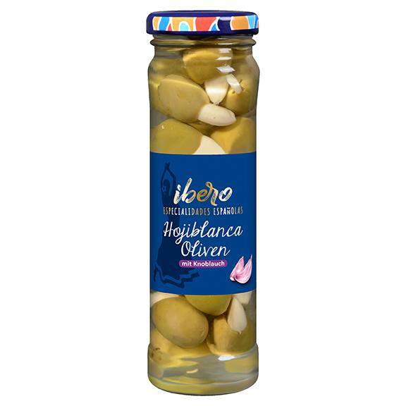Grüne Hojiblanca Oliven mit Knoblauch