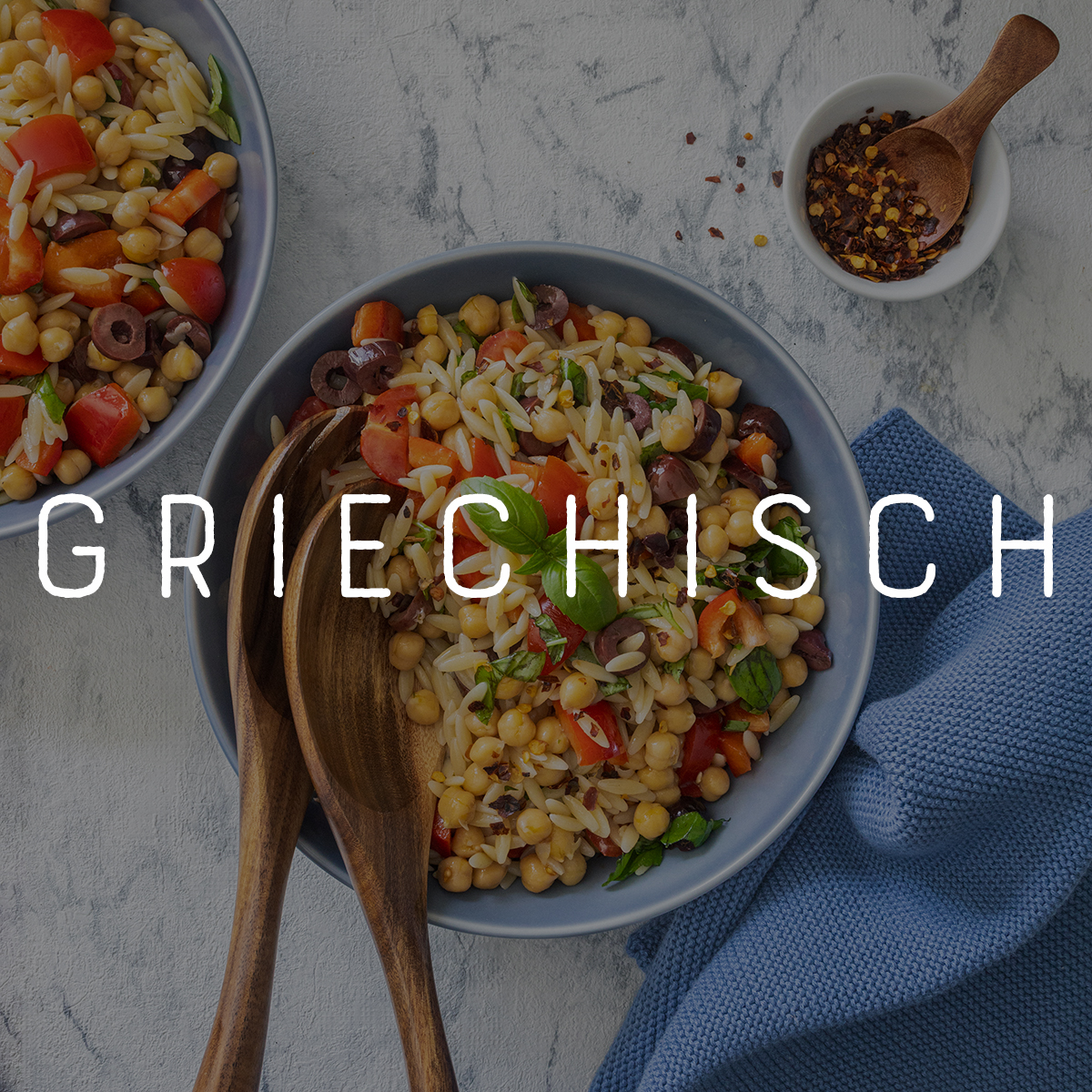 Bild mit einer griechischen Salatbowl und der Headline "Griechisch"