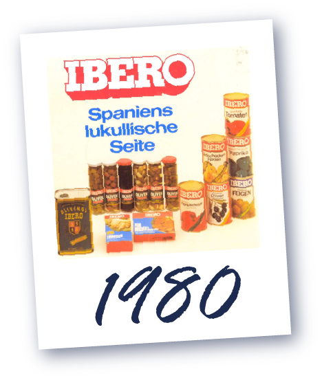 Heller Hintergrund mit dem Text 'IBERO Spanien's lukullische Seite' mit verschiedenen Produkten, darunter die Jahreszahl 1980.