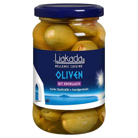 Grüne Oliven mit Knoblauch Sorte Chalkidiki handgesteckt