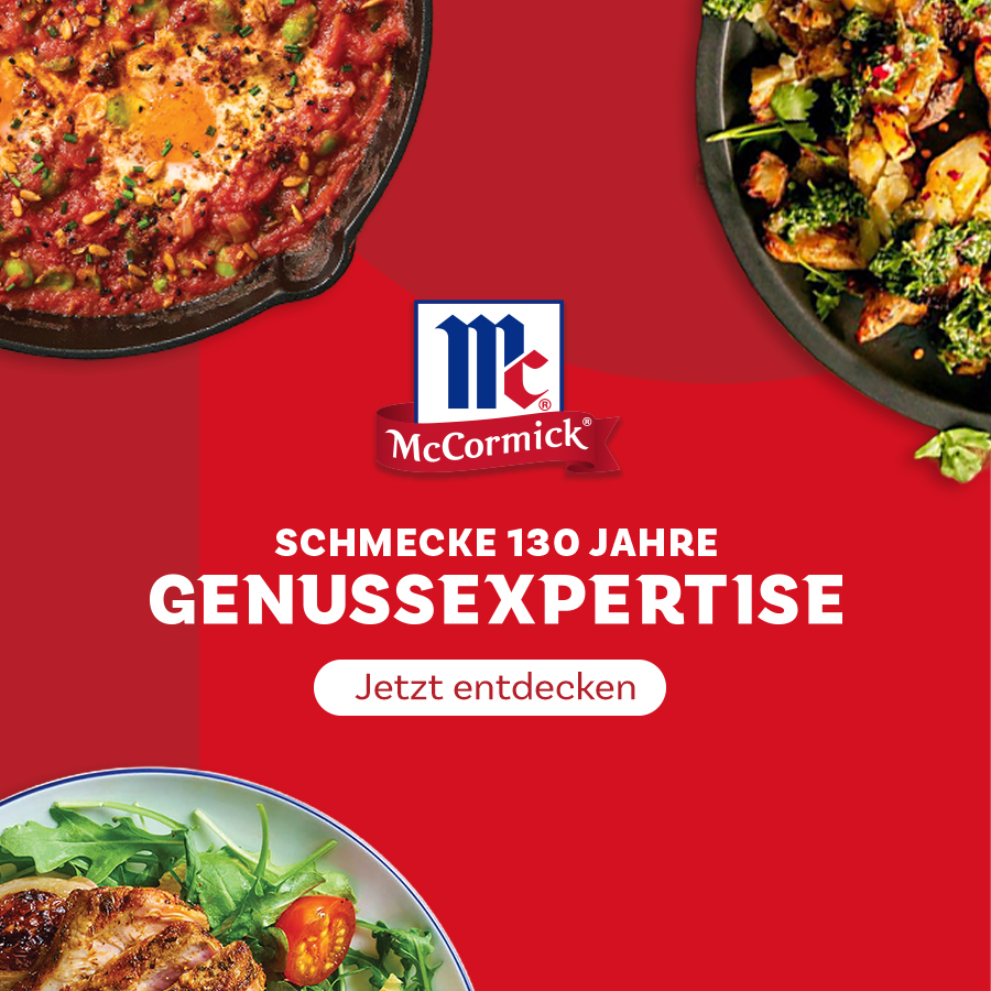 McCormick Banner mit Gerichte und Text "Schmecke 130 Jahre Genussexpertise".