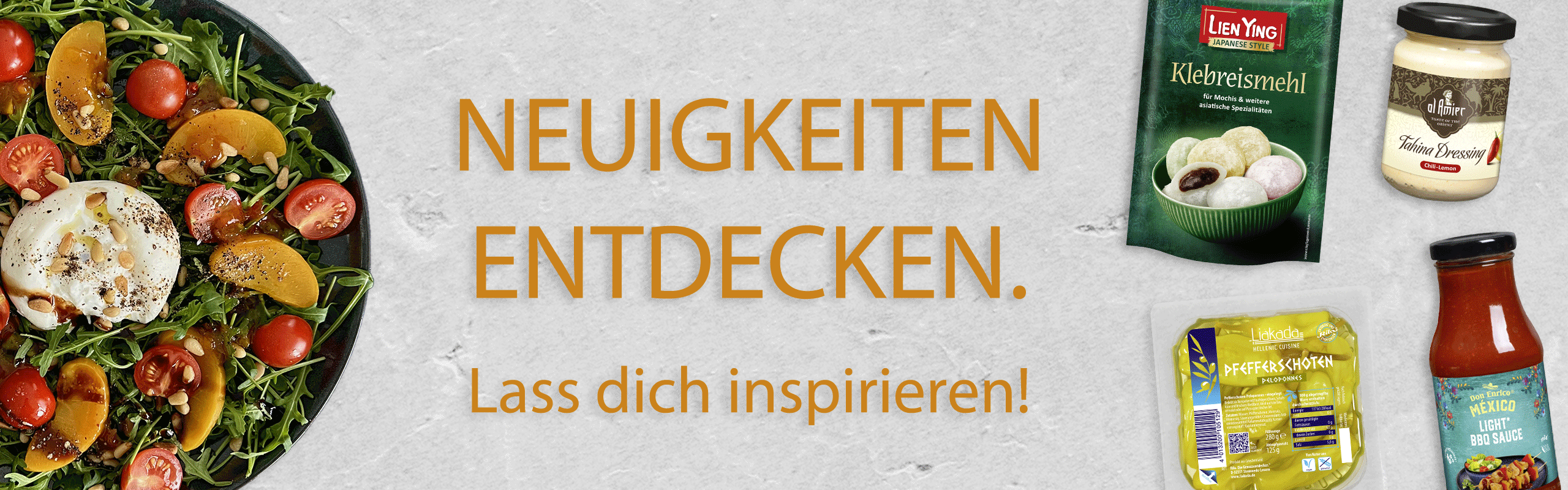 Bild mit 4 Neuprodukten und einem  Sommersalat zum Bewerben der aktuellen Neuprodukte