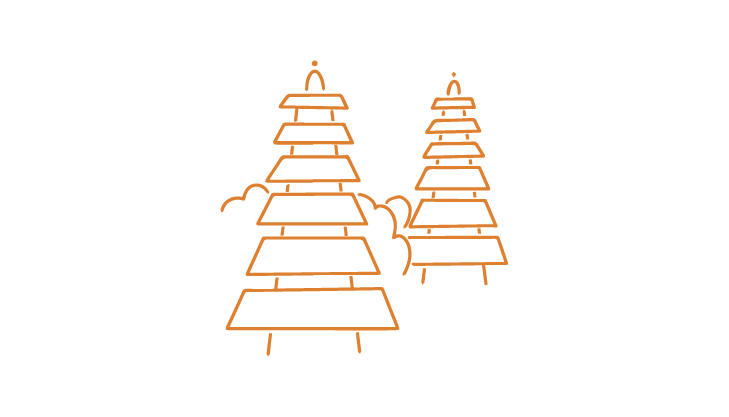 indonesische Tempeltürme in orange auf weißem Kreis.