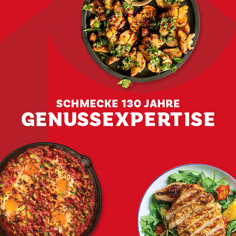 McCormick Banner mit Gericht, Produkte und Text "Schmecke 130 Jahre Genussexpertise".