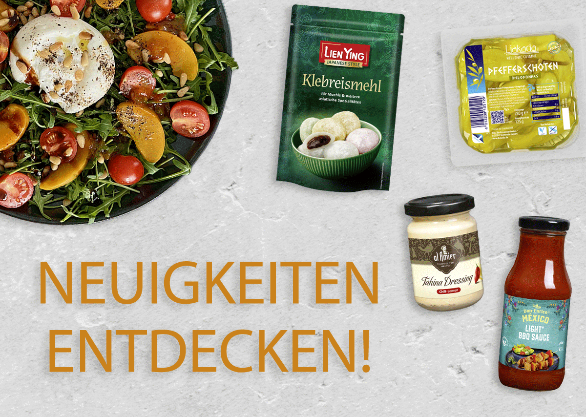Bild mit 4 Neuprodukten und einem  Sommersalat zum Bewerben der aktuellen Neuprodukte
