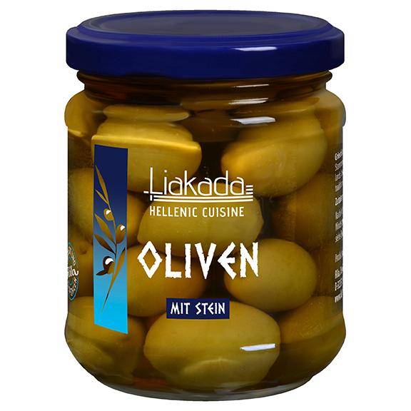 Grüne Oliven Sorte Chalkidiki mit Stein