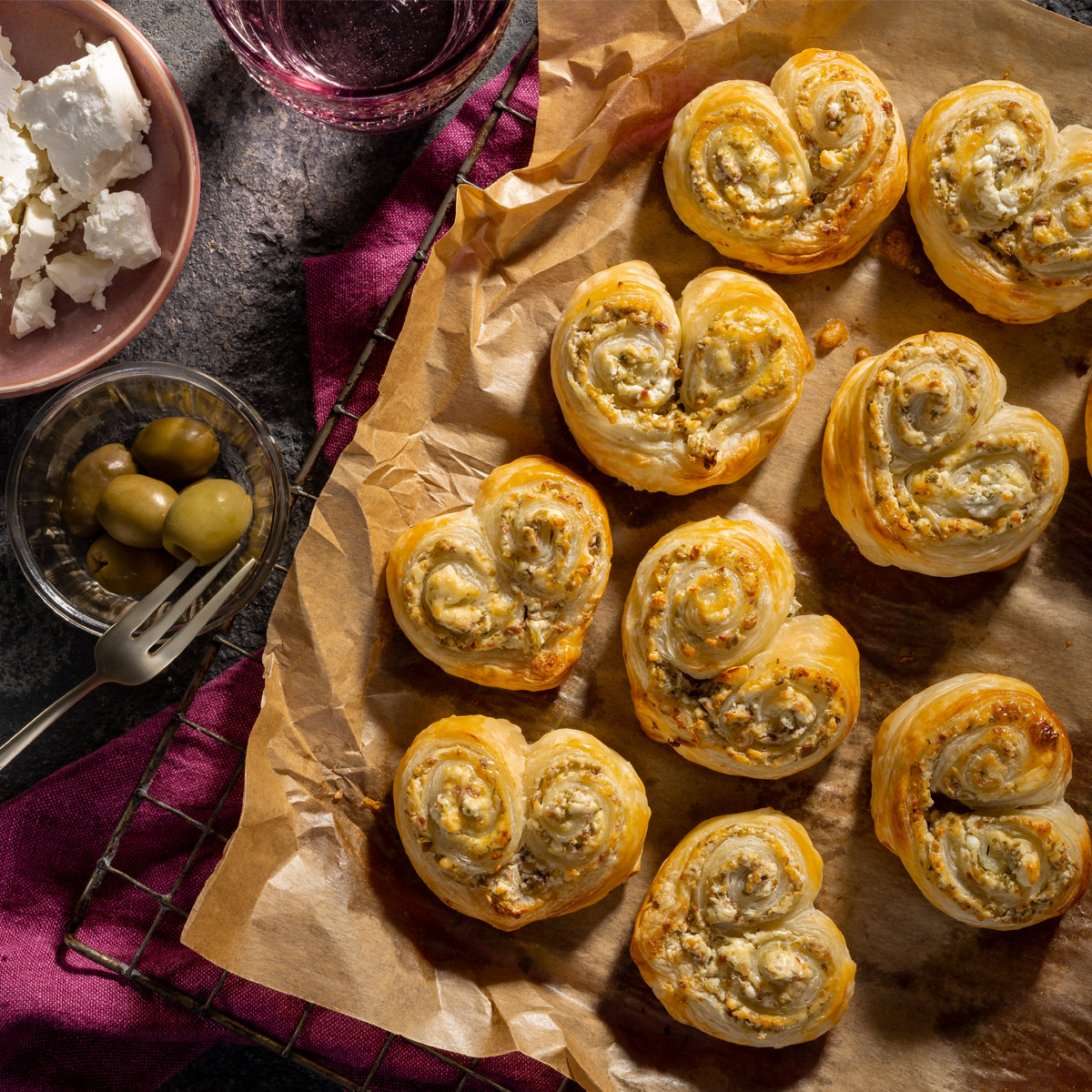9 herzen auf einem Backblech am Rand einzelne Zutaten in kleinen Schuesseln