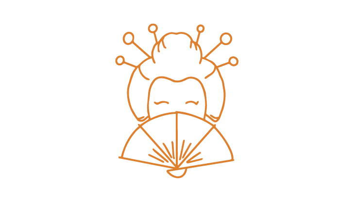 Zeichnung einer Geisha mit Haarnadeln und Fächer vor dem Gesicht.