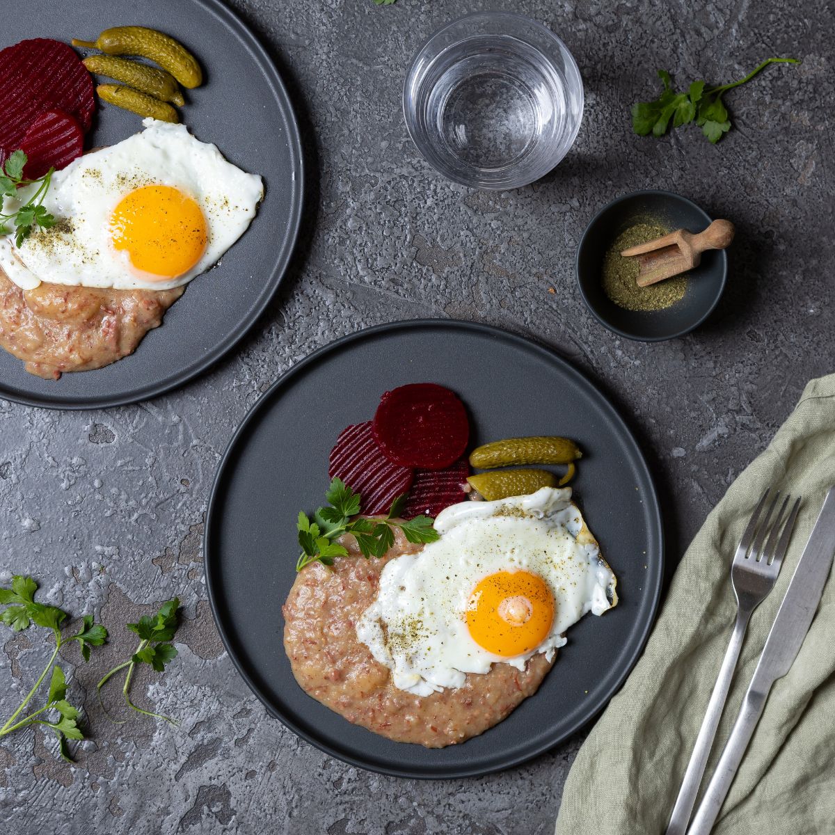 Labskaus getoppt mit einem Spiegelei, Rote Beete und Gewürzgurken, so wie von Kräutern