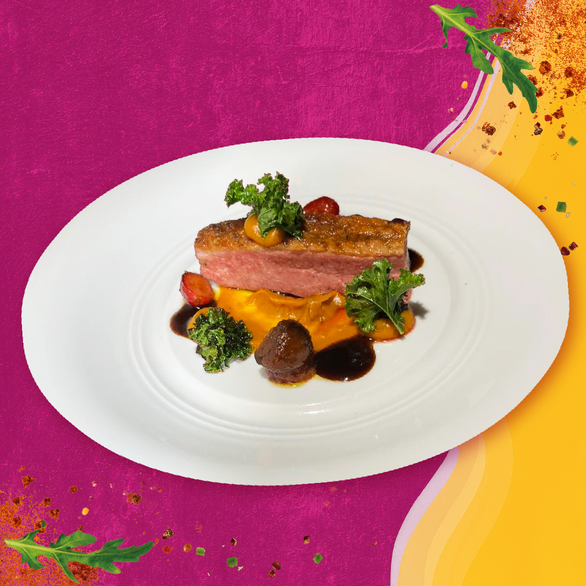 Air-Fry Entenbrust mit Grünkohl, Maronen-Cranberry-Ragout, geröstetem Kürbispüree und Enten-Jus 