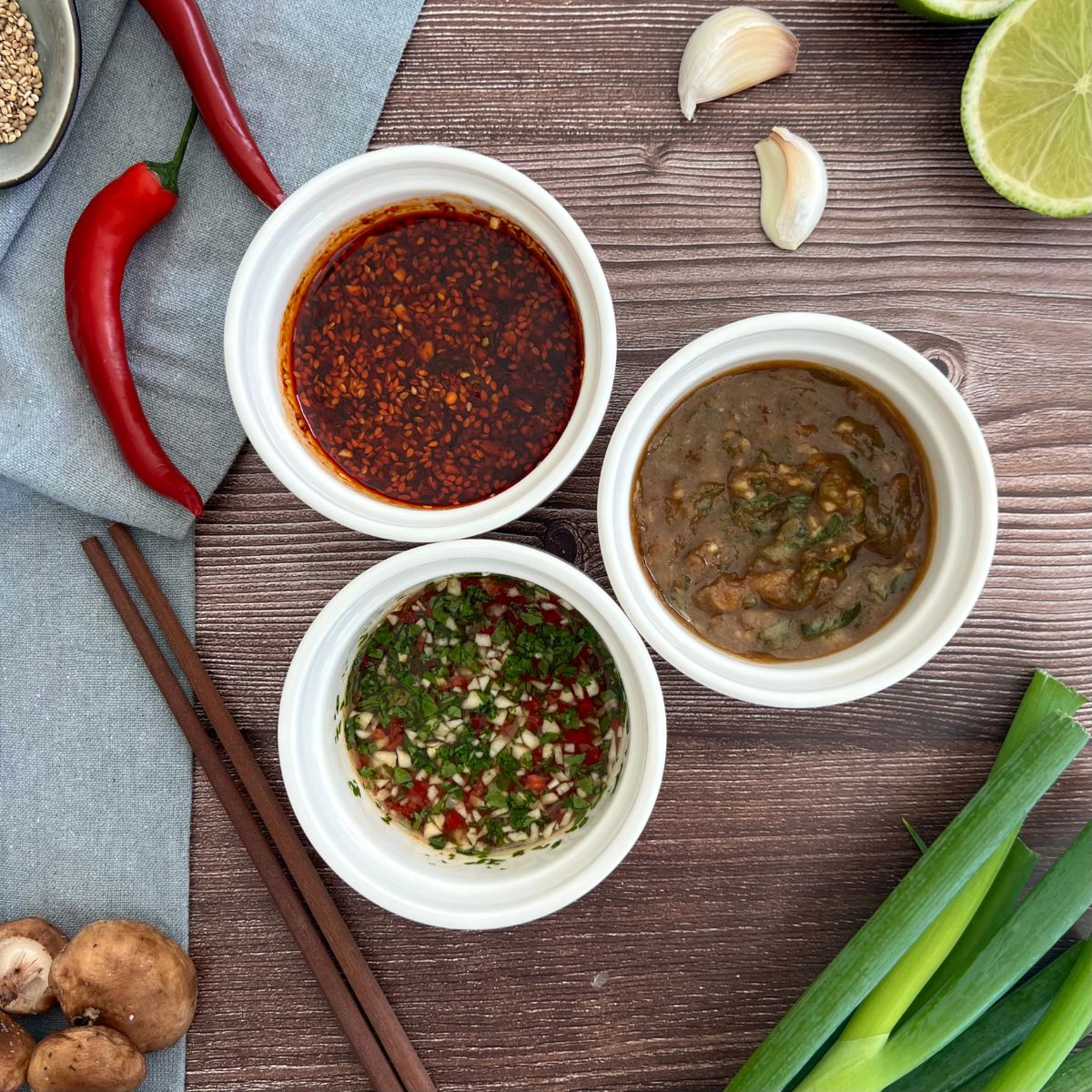 Drei verschiedenen Saucen stehen in drei weißen kleinen Schüssel nebeneinander. Eine Chili, eine Tahina und eine Koriander Sauce.