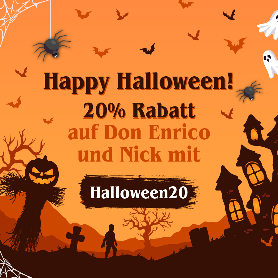 Eine Werbung für Don Enrico und Nick Produkte auf einem Halloween Hintergrund