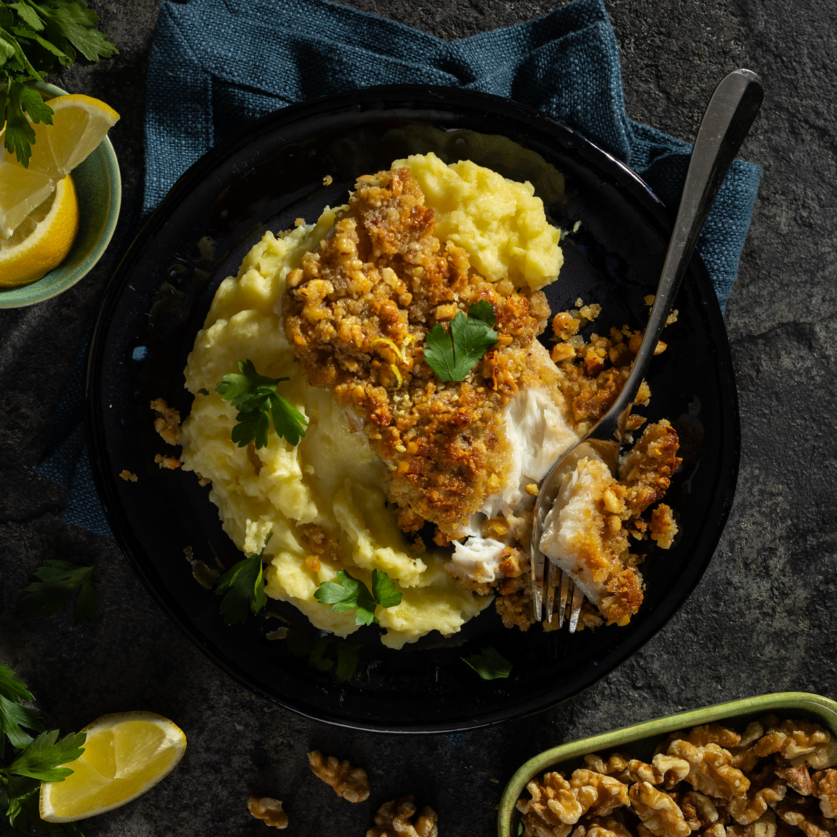 Heilbutt mit einer Honignusskruste auf Kartoffelstampf 