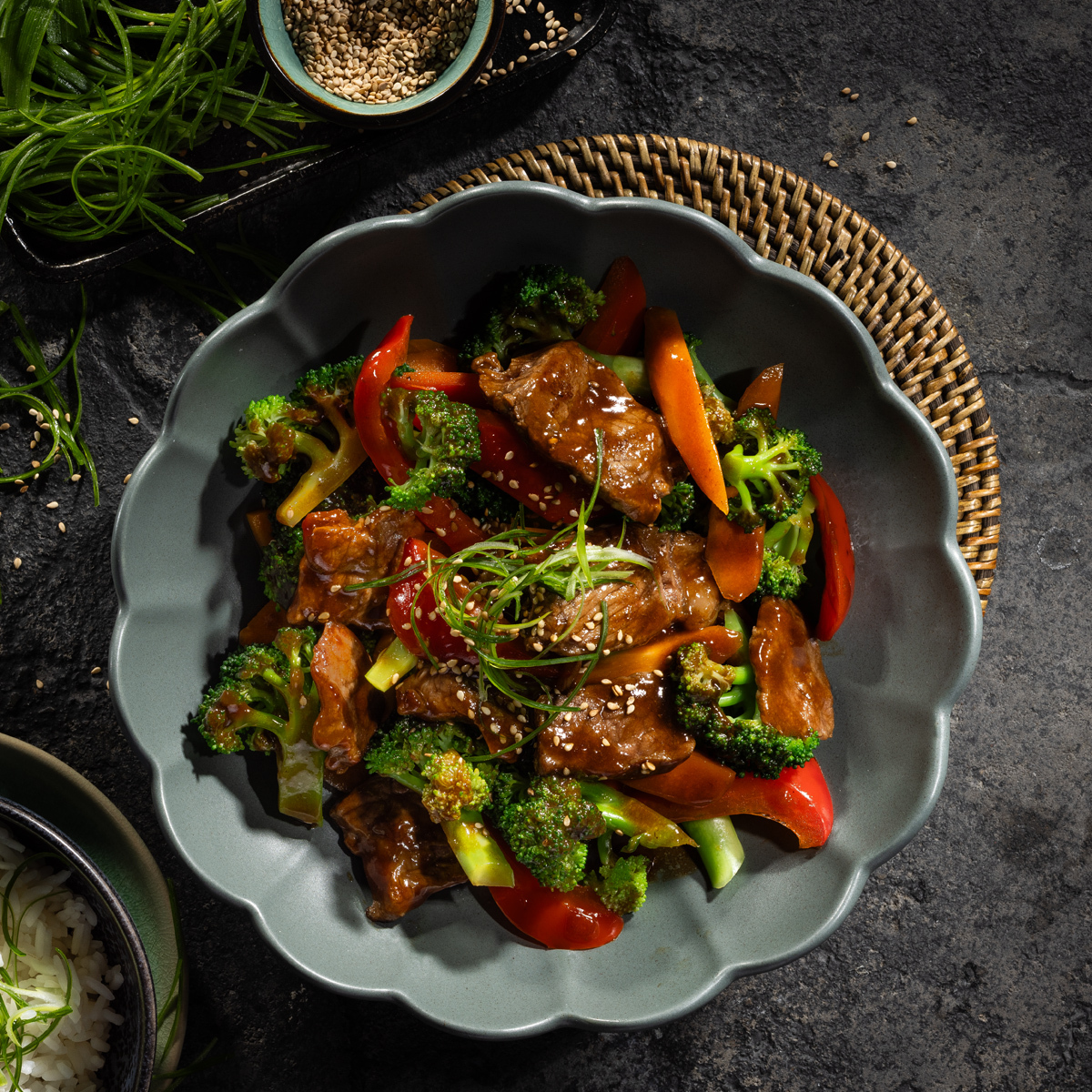 Teriyaki Rindfleisch mit Gemüse und Reis