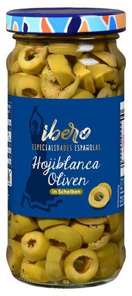 Grüne Hojiblanca Oliven in Scheiben