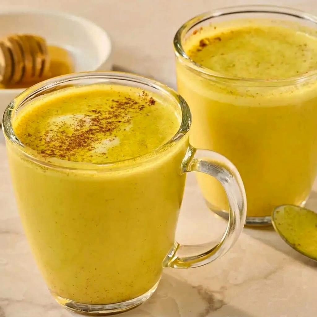 Zwei durchsichtige Tassen sind gefüllt mit der Golden Milk und stehen nebeneinander.