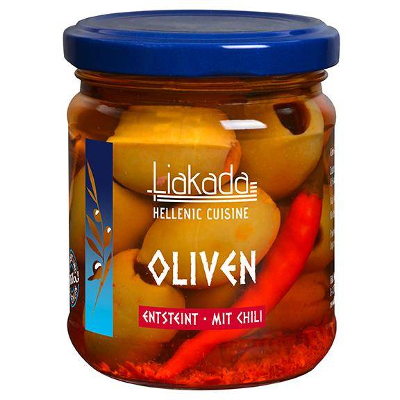 Grüne Oliven mit Chili entsteint