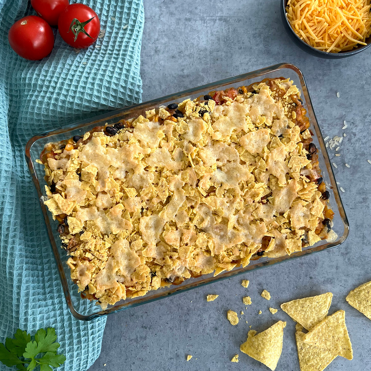 mexikanischer Reisauflauf mit Tortilla Kruste