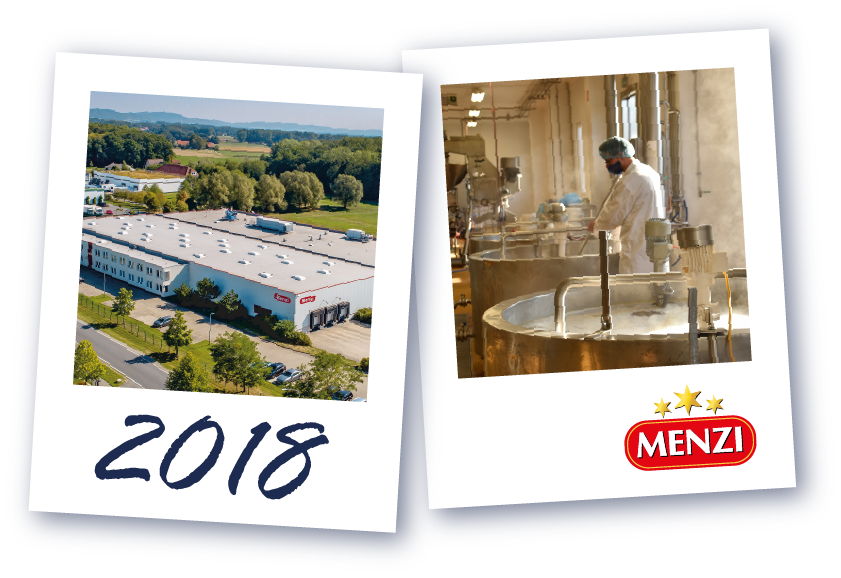 Luftaufnahme eines Industriegebäudes mit Jahreszahl '2018' darunter,  ein Mitarbeiter in der Produktion, darunter 'MENZI'.