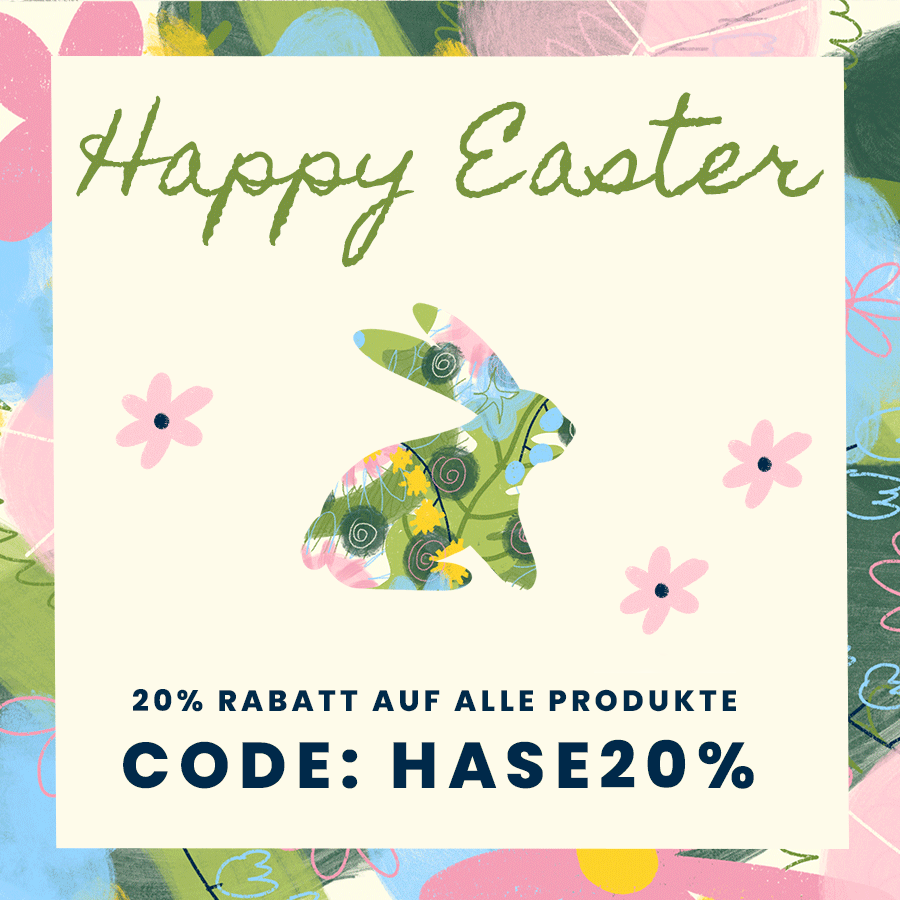 modern gestalteter Osterhase mit Rabattangebot 20% auf alle Produkte Code HASE20%