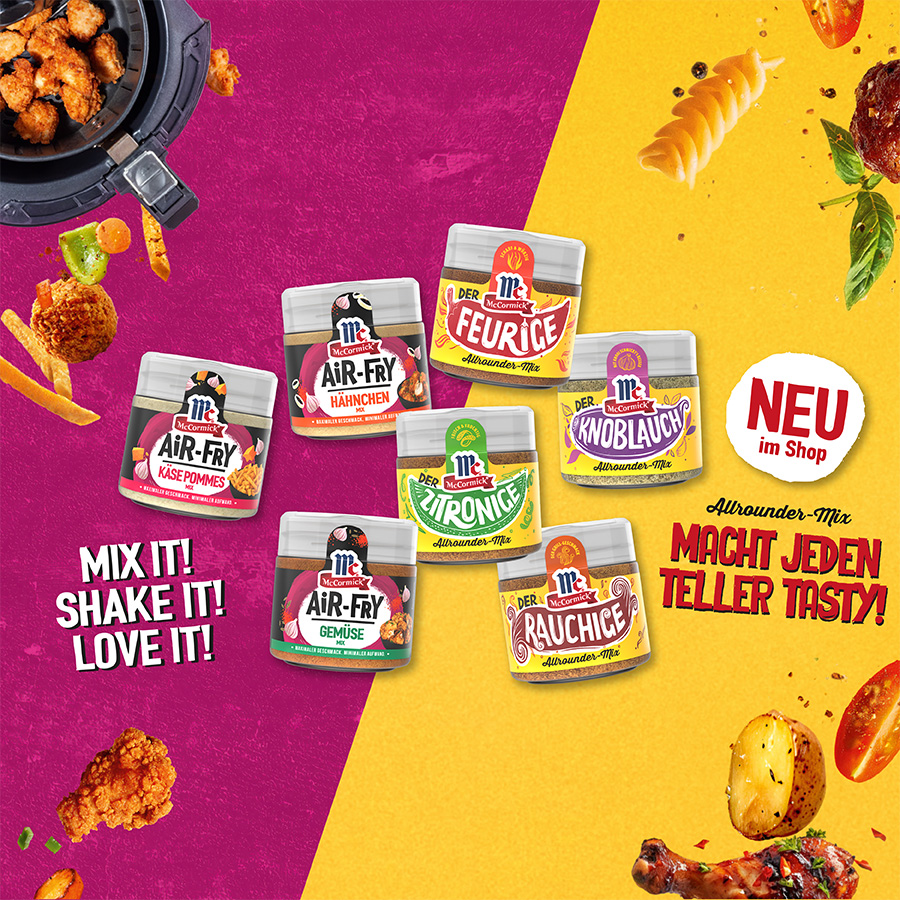 Darstellung aller Air-Fry Gewürze und Allrounder der Marke McCormick auf buntem HIntergrund.